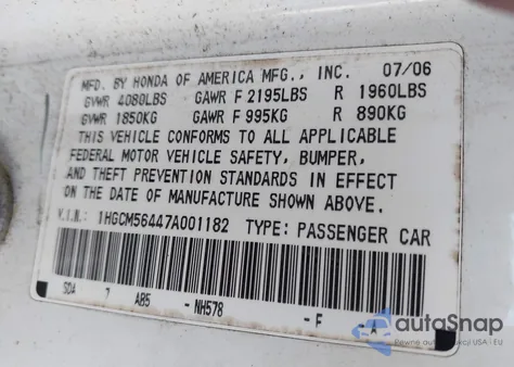 2007 Honda Accord 2.4 Lx from USA, damaged, VIN 1HGCM56447A001182